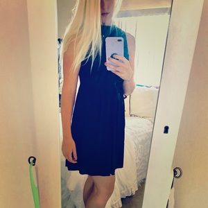 👗 Navy High Neck Lace and Crepe Dress